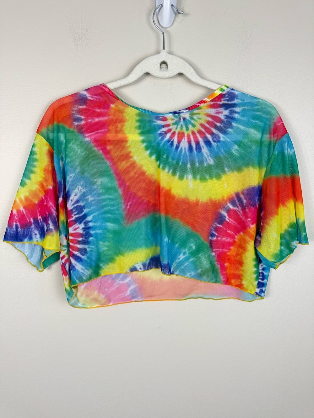 Rainbow Sheer Crop Top Womens 1XL Short Sleeve Tie Bye Hippie Boho Festival